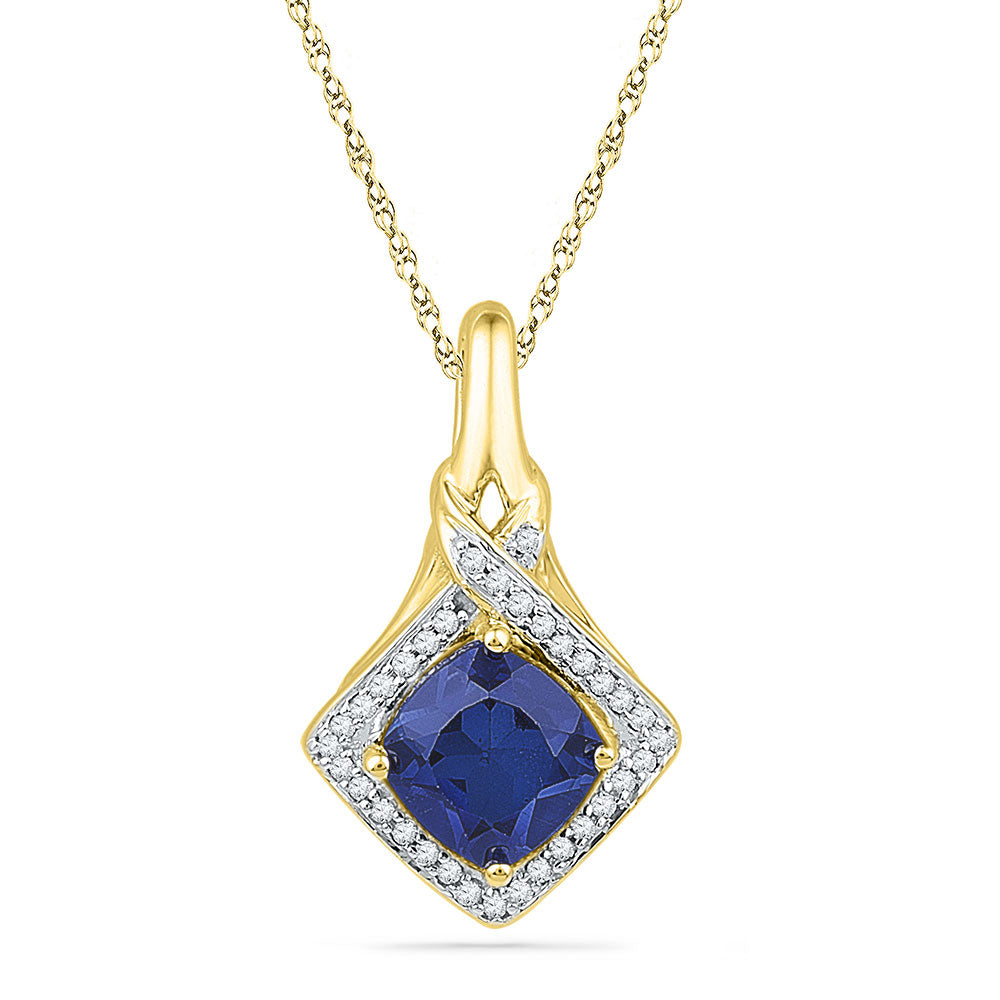 10kt Yellow Gold Womens Round Lab-Created Blue Sapphire Solitaire Pendant 1-5/8 Cttw