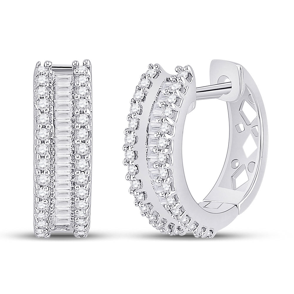 10kt White Gold Womens Round Baguette Diamond Hoop Earrings 1/2 Cttw