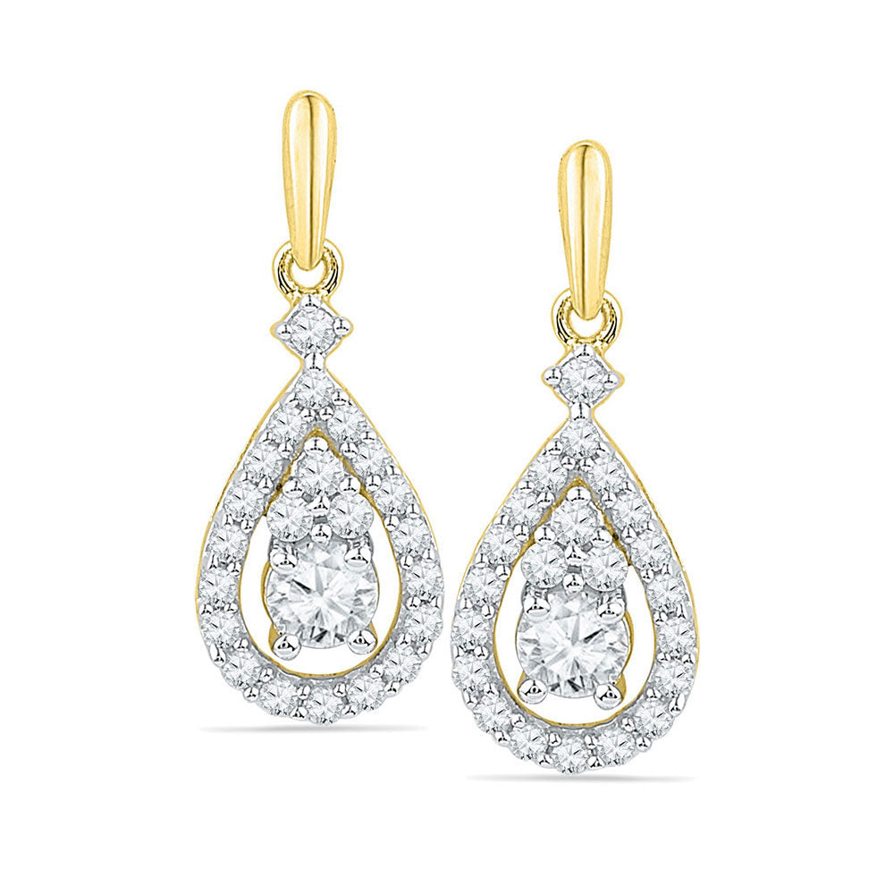 10kt Yellow Gold Womens Round Diamond Solitaire Teardrop Frame Dangle Earrings 1/2 Cttw