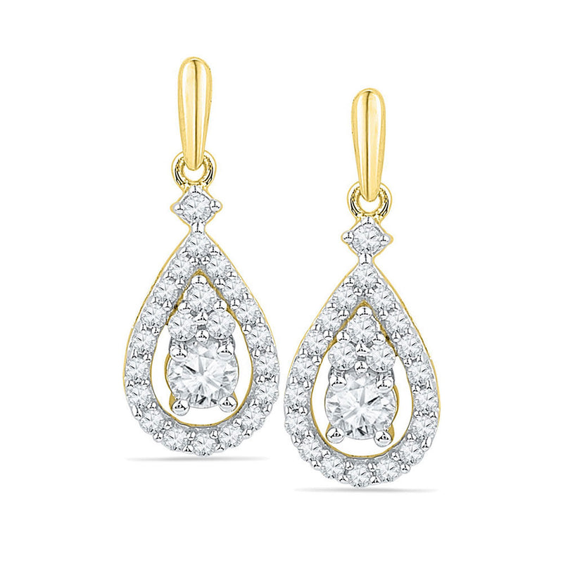 10kt Yellow Gold Womens Round Diamond Solitaire Teardrop Frame Dangle Earrings 1/2 Cttw