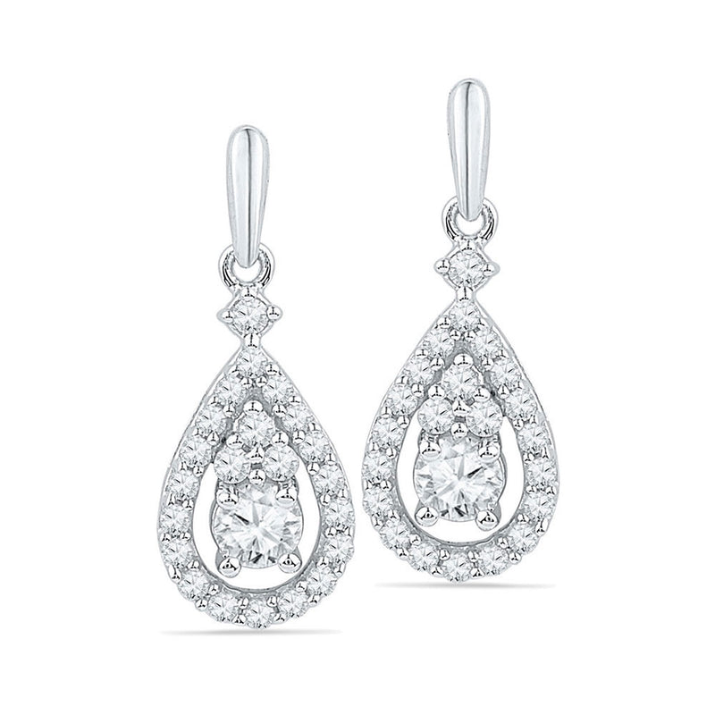 10kt White Gold Womens Round Diamond Solitaire Teardrop Frame Dangle Earrings 1/2 Cttw