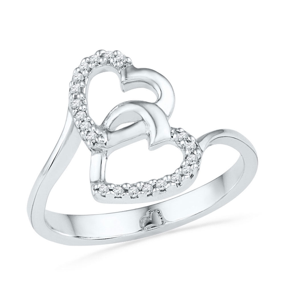 10kt White Gold Womens Round Diamond Double Heart Ring 1/12 Cttw