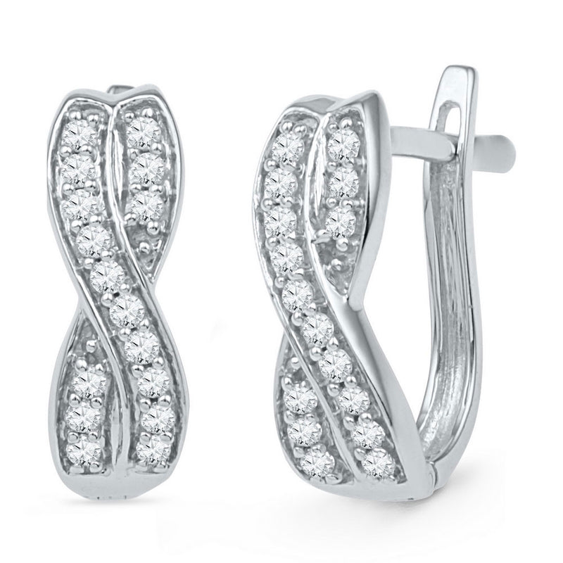 10kt White Gold Womens Round Diamond Double Row Crossover Hoop Earrings 1/5 Cttw