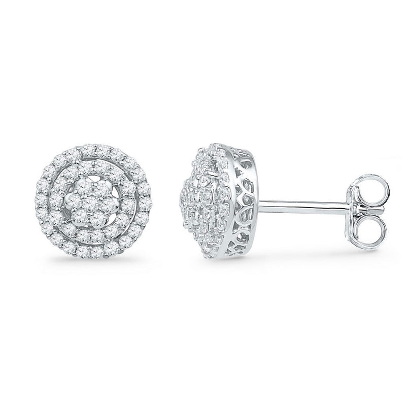 10kt White Gold Womens Round Diamond Concentric Cluster Earrings 1/2 Cttw