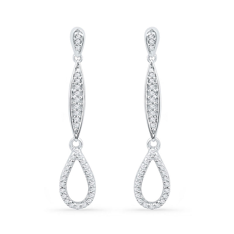 10kt White Gold Womens Round Diamond Slender Teardrop Dangle Earrings 1/5 Cttw