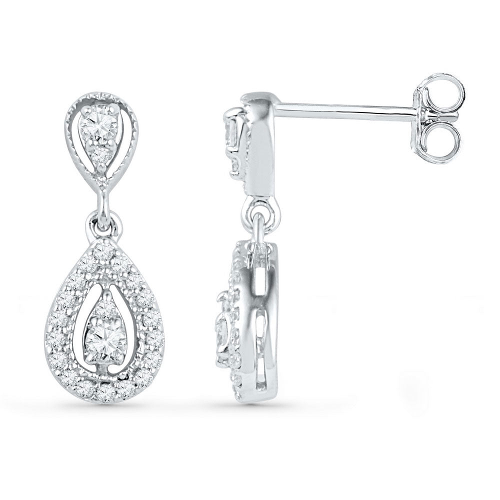 10kt White Gold Womens Round Diamond Teardrop Dangle Earrings 1/3 Cttw