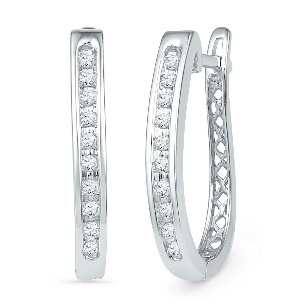 10kt White Gold Womens Round Diamond Slender Single Row Oblong Hoop Earrings 1/5 Cttw