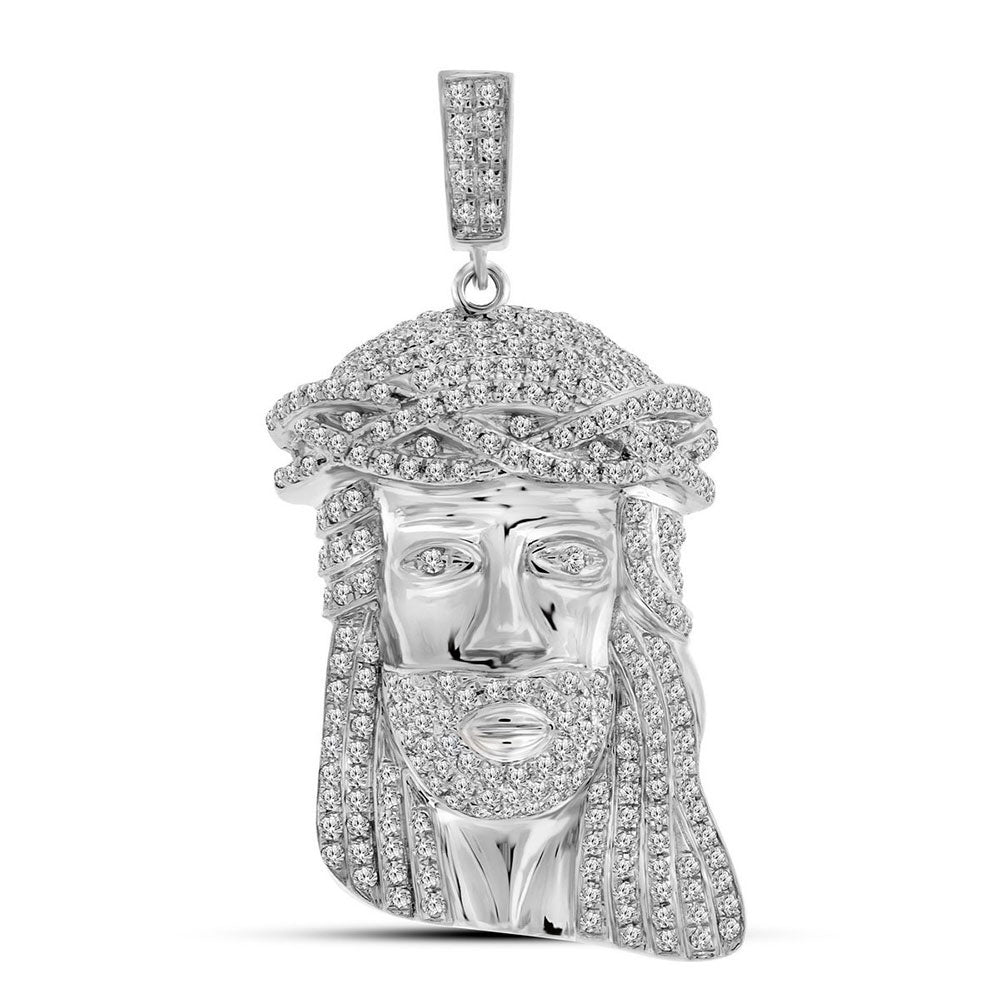 10kt White Gold Mens Round Diamond Jesus Face Charm Pendant 1-1/4 Cttw