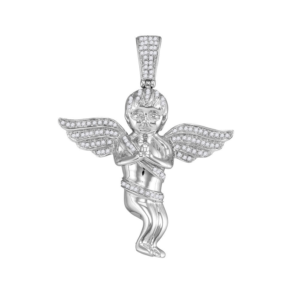 10kt White Gold Mens Round Diamond Praying Angel Cherub Charm Pendant 1/2 Cttw