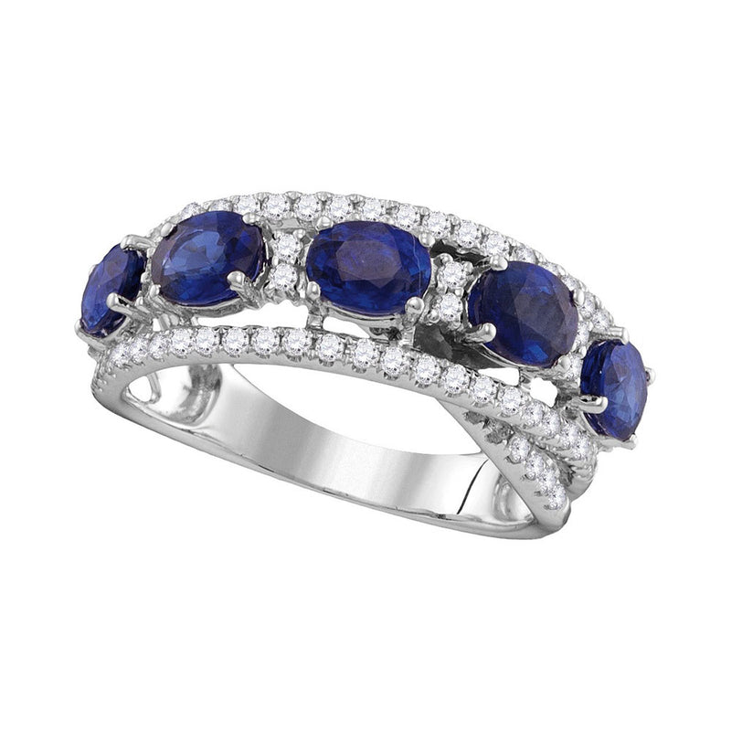 18kt White Gold Womens Round Blue Sapphire Diamond Fashion Band Ring 2-7/8 Cttw