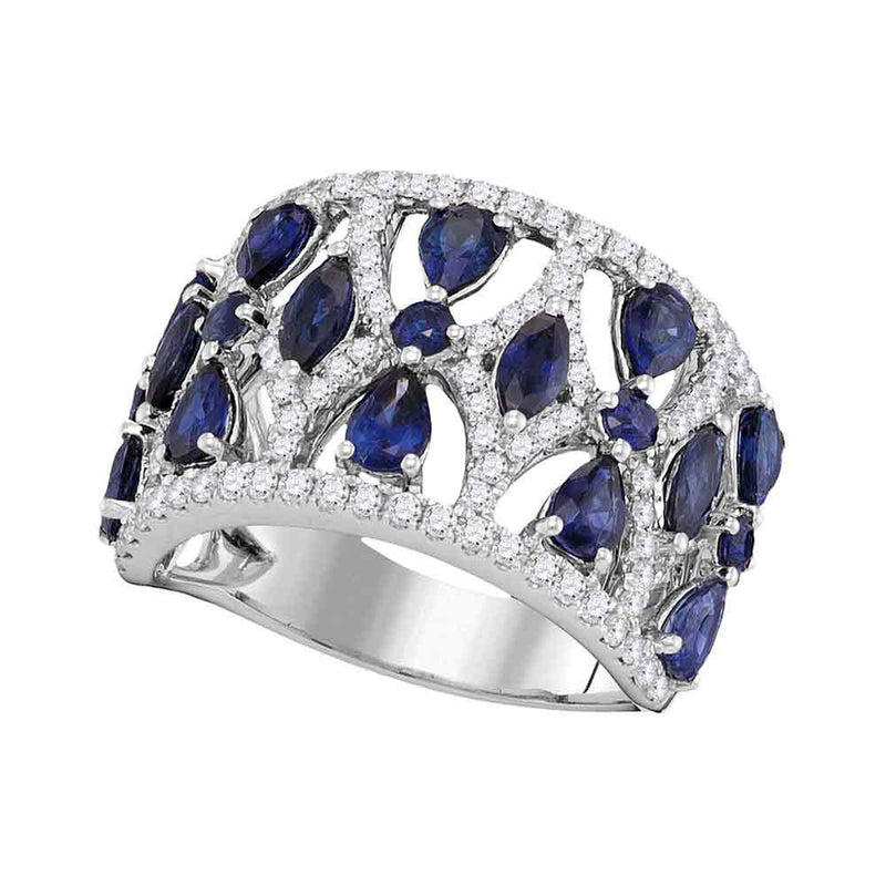 18kt White Gold Womens Pear Prong-set Blue Sapphire Openwork Band 4 Cttw