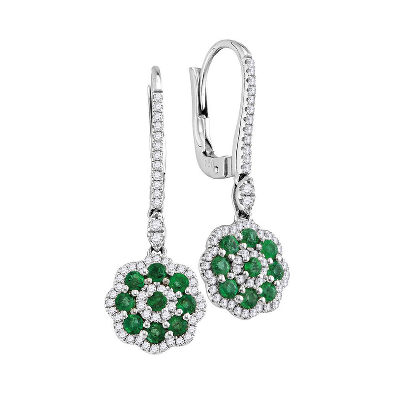 18kt White Gold Womens Round Emerald Diamond Dangle Earrings 1 Cttw