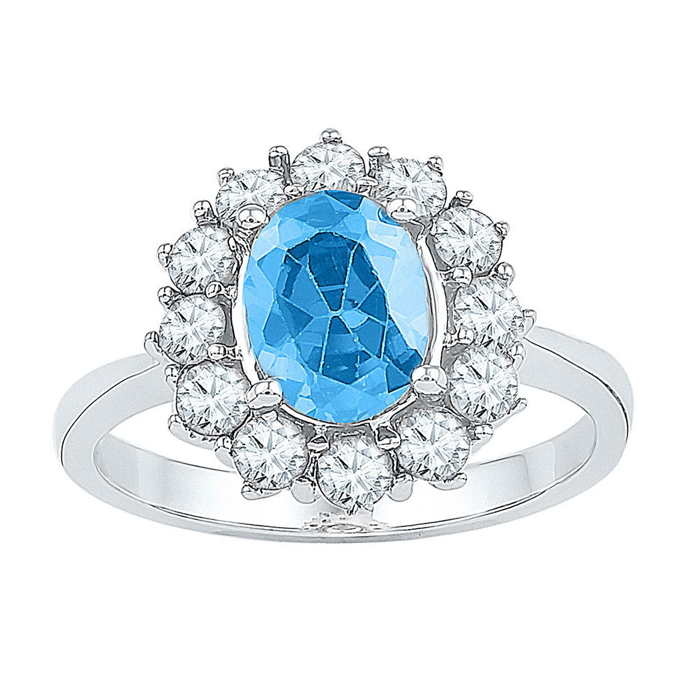 Sterling Silver Womens Oval Lab-Created Blue Topaz Solitaire Ring 3-1/5 Cttw