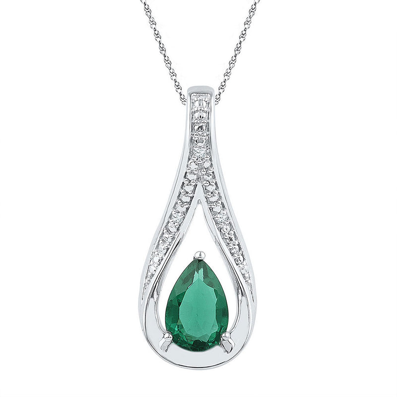 Sterling Silver Womens Pear Lab-Created Emerald Solitaire Pendant 1-3/4 Cttw