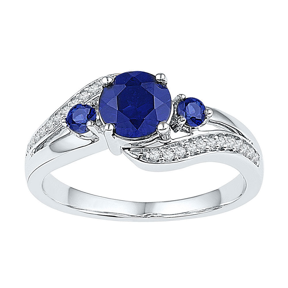 Sterling Silver Womens Round Lab-Created Blue Sapphire 3-stone Ring 1 Cttw