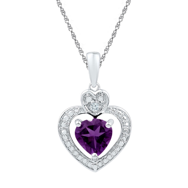 10kt White Gold Womens Heart Lab-Created Amethyst Heart & Diamond Pendant 3/4 Cttw