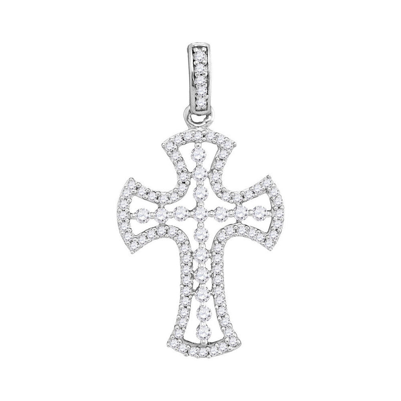 10kt White Gold Womens Round Pave-set Diamond Flared Cross Pendant 1/2 Cttw