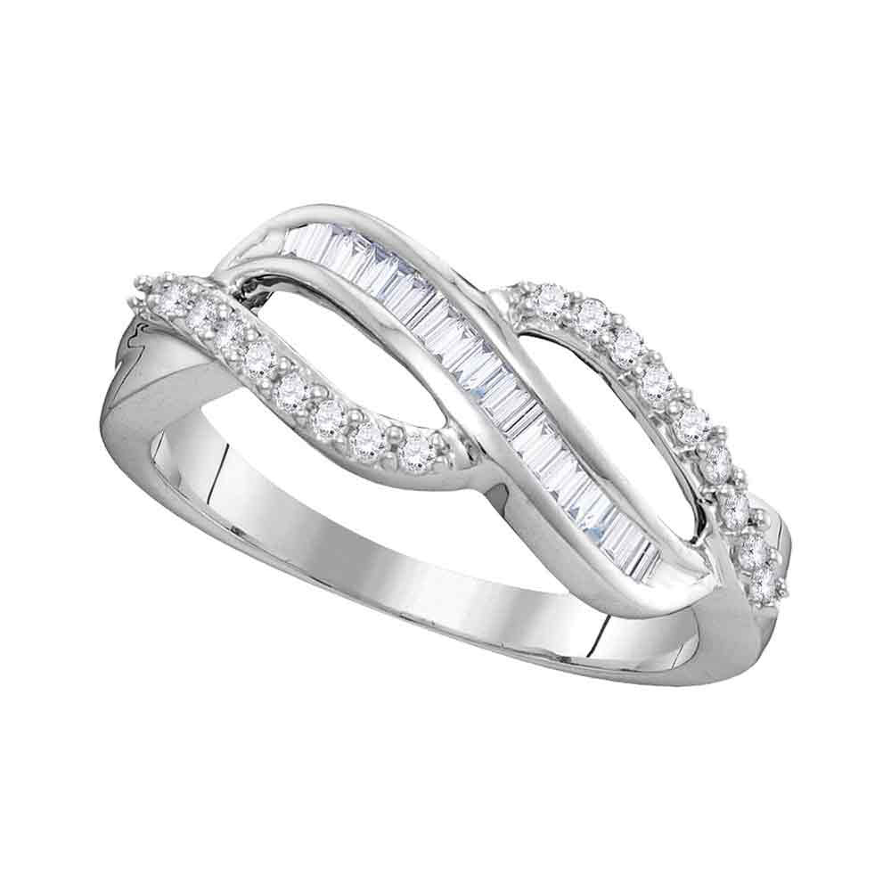 10kt White Gold Womens Round Diamond Baguette Crossover Band Ring 1/3 Cttw