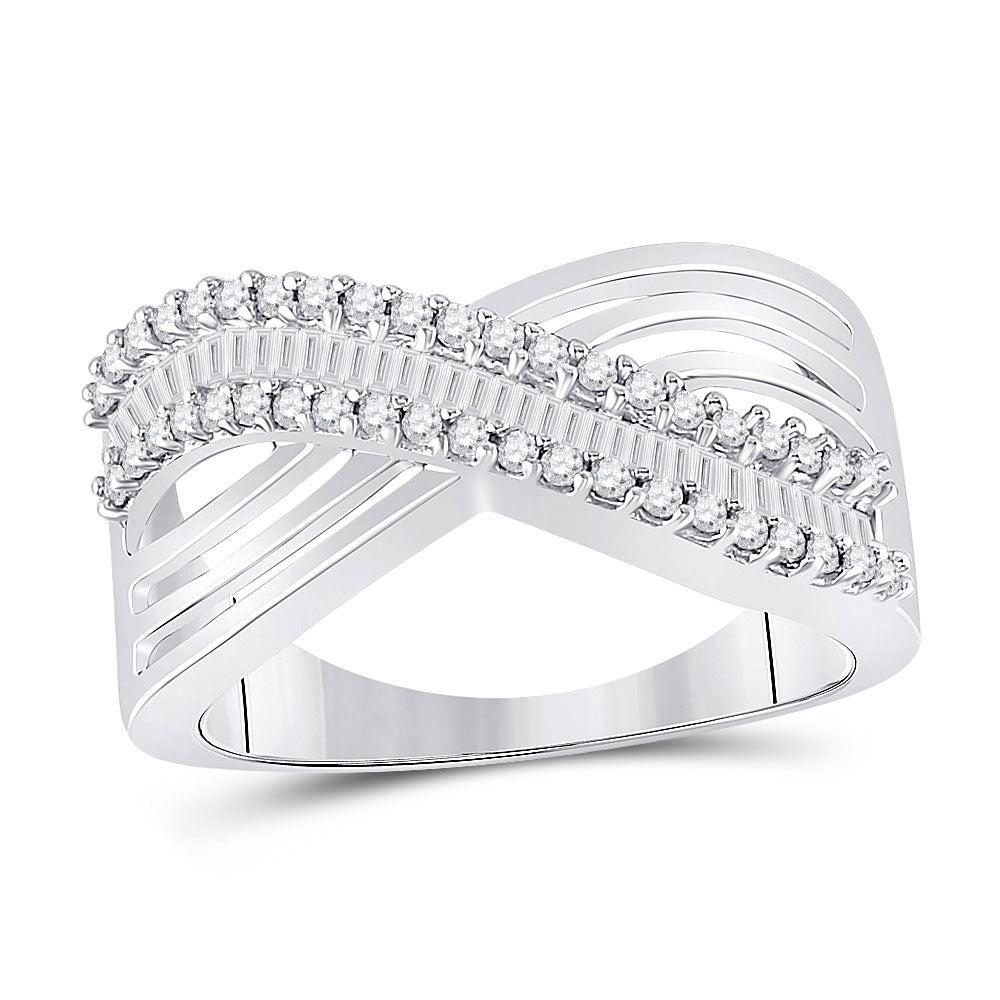 10kt White Gold Womens Round Baguette Diamond Strand Crossover Band Ring 1/2 Cttw