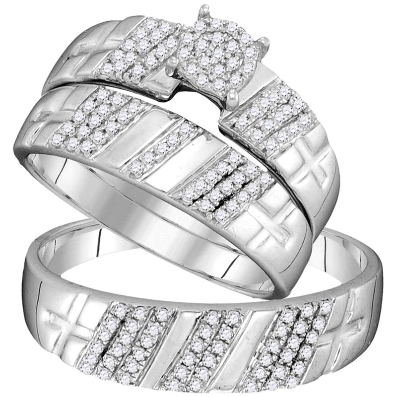 10kt White Gold His Hers Round Diamond Cluster Matching Wedding Set 3/8 Cttw