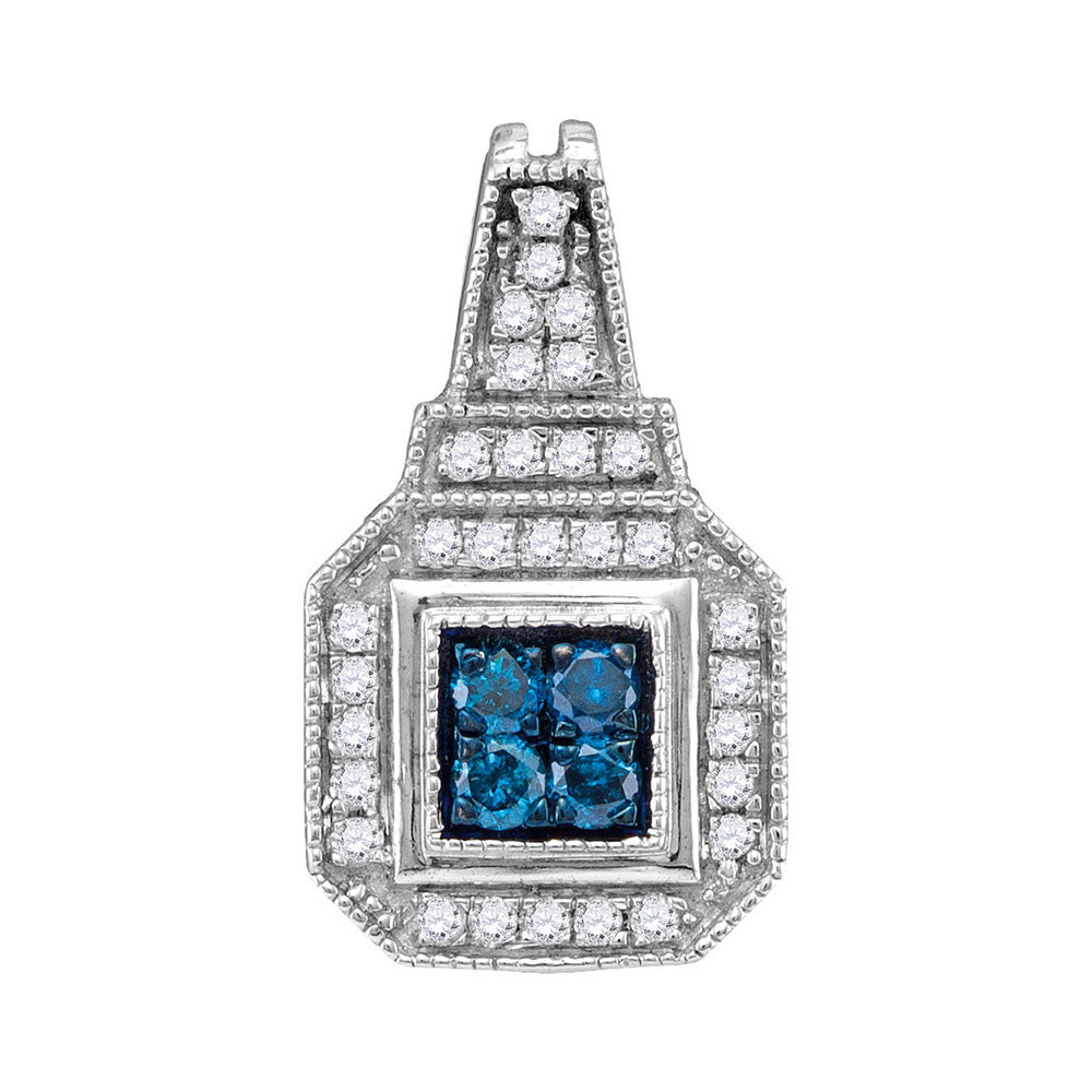 10kt White Gold Womens Round Blue Color Enhanced Diamond Square Cluster Pendant 1/3 Cttw