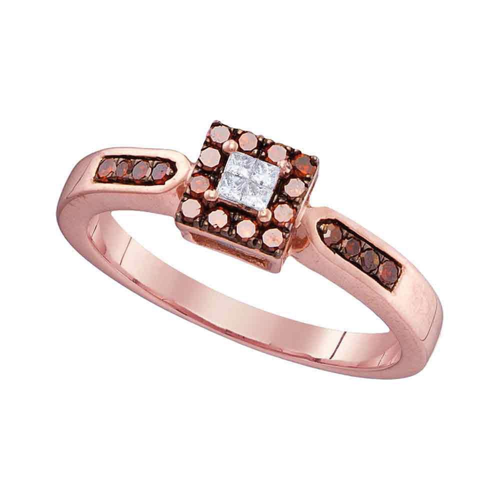 10kt Rose Gold Womens Round Red Color Enhanced Diamond Square Cluster Ring 1/4 Cttw