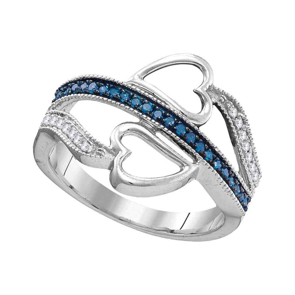 10kt White Gold Womens Round Blue Color Enhanced Diamond Heart Ring 1/5 Cttw