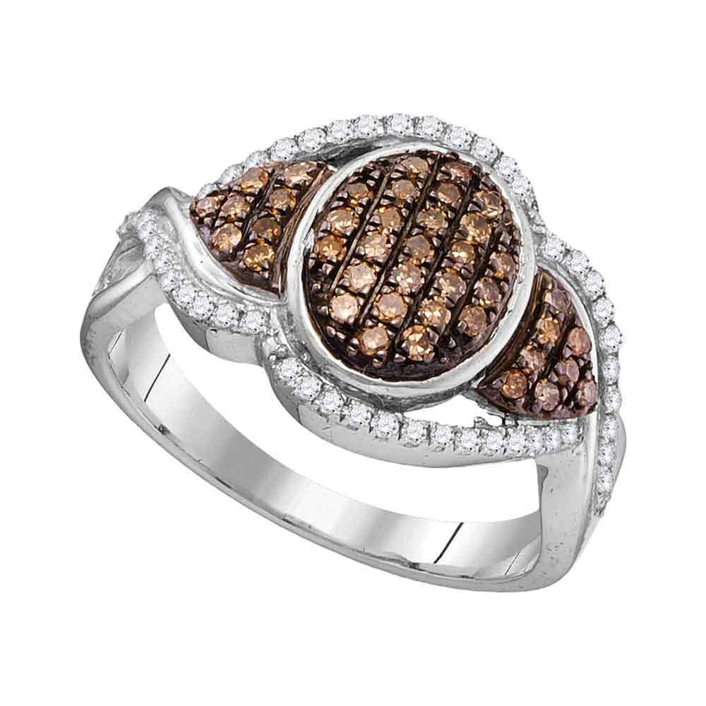 10kt White Gold Womens Round Brown Diamond Oval Frame Cluster Ring 1/2 Cttw