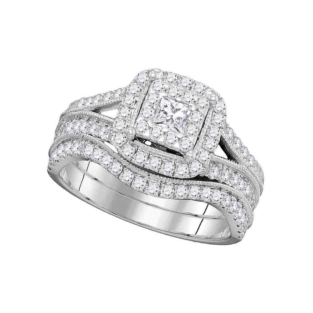 14kt White Gold Princess Diamond Bridal Wedding Ring Band Set 1 Cttw