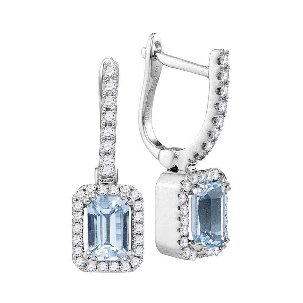 14kt White Gold Womens Cushion Aquamarine Solitaire Diamond Hoop Dangle Earrings 1/3 Cttw