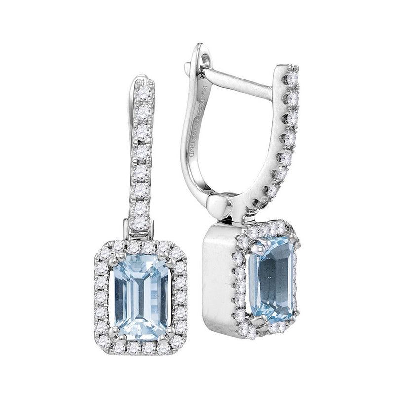 14kt White Gold Womens Cushion Aquamarine Solitaire Diamond Hoop Dangle Earrings 1/3 Cttw