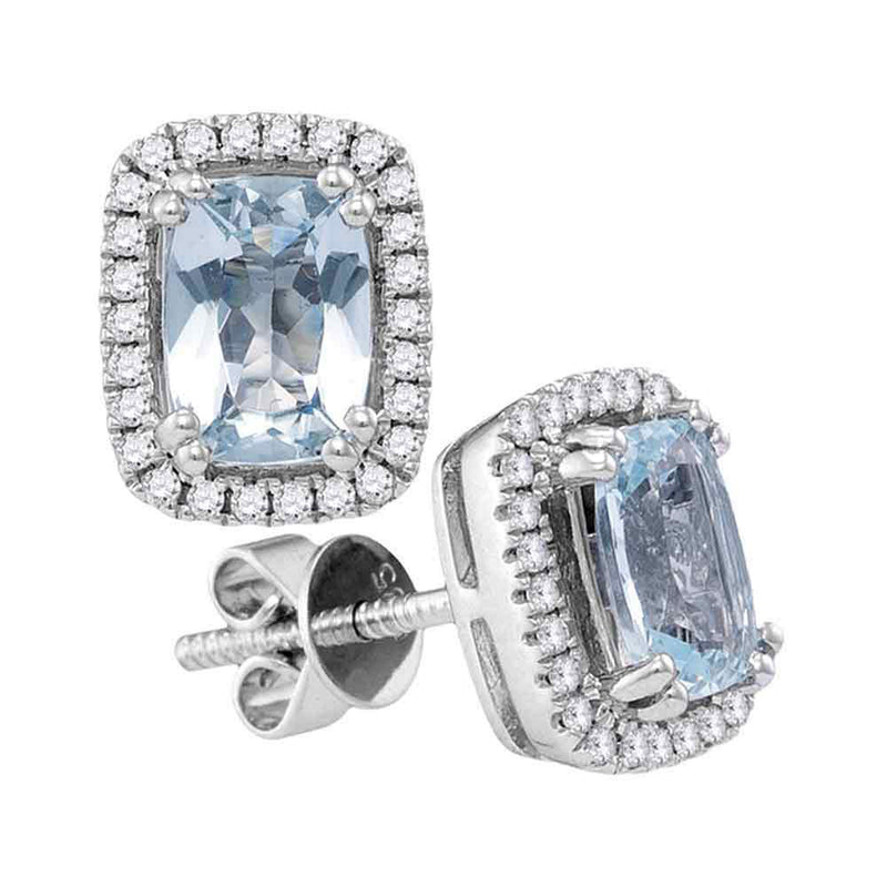 14kt White Gold Womens Cushion Aquamarine Solitaire Diamond Stud Earrings 1-7/8 Cttw