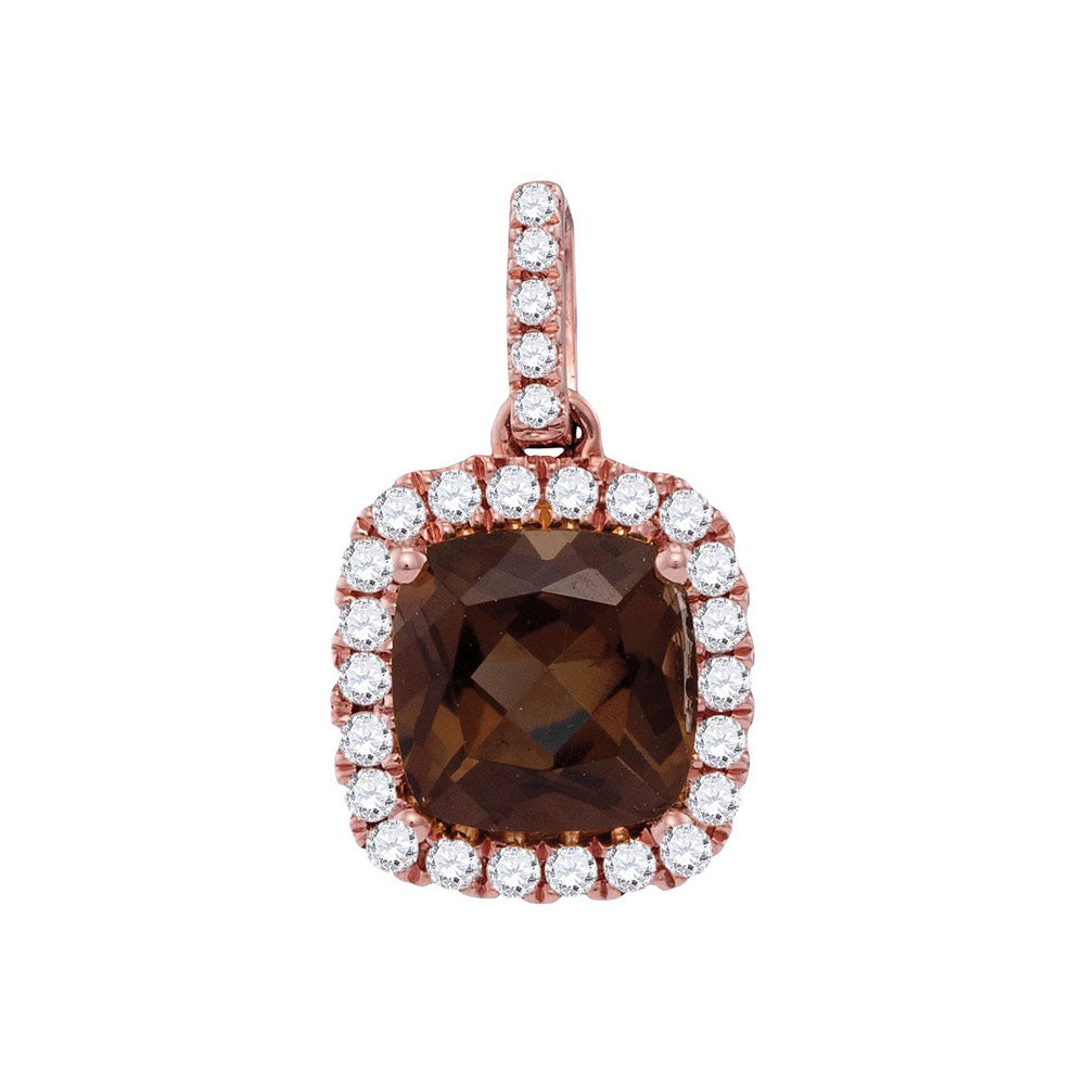 14kt Rose Gold Womens Cushion Smoky Quartz Solitaire Diamond Accent Pendant 1/5 Cttw