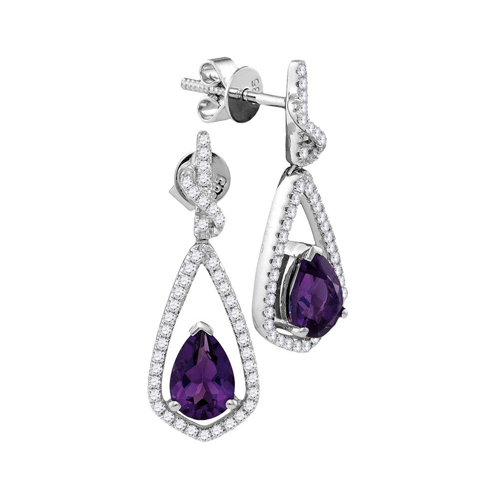 14kt White Gold Womens Pear Amethyst Solitaire Teardrop Diamond Dangle Earrings 1/3 Cttw