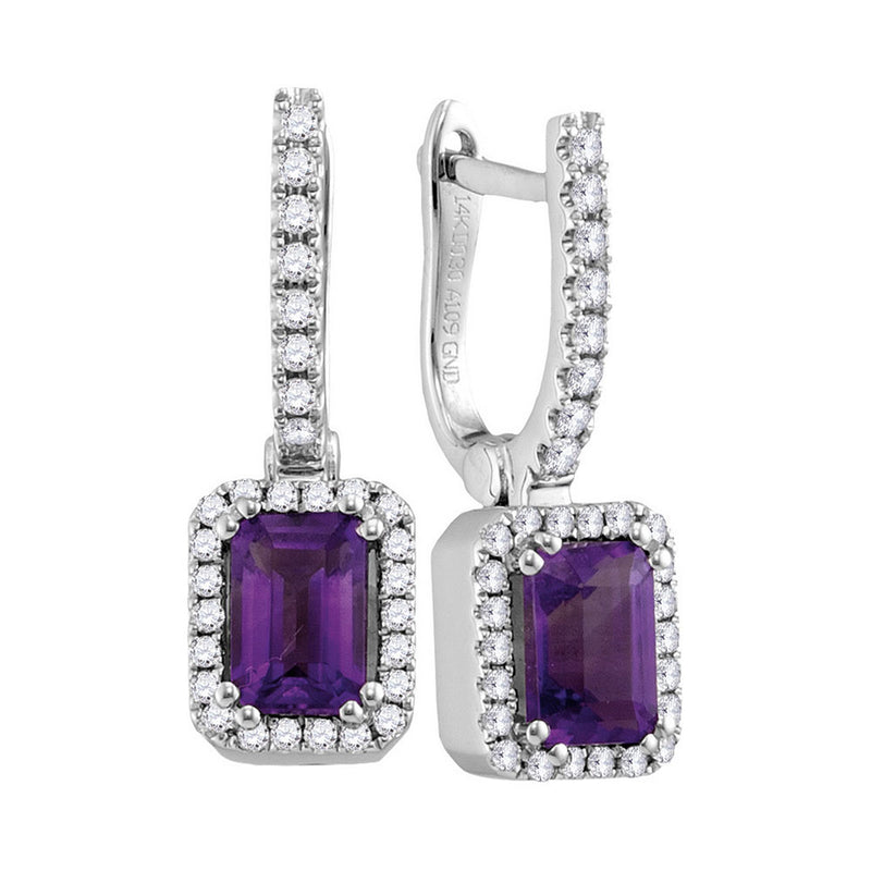 14kt White Gold Womens Cushion Amethyst Solitaire Diamond Frame Hoop Dangle Earrings 1/3 Cttw