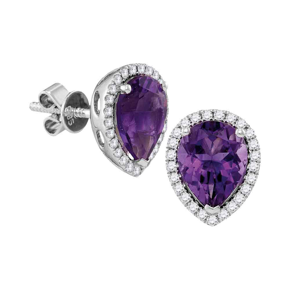 14kt White Gold Womens Pear Amethyst Solitaire Diamond Frame Stud Earrings 1-1/2 Cttw