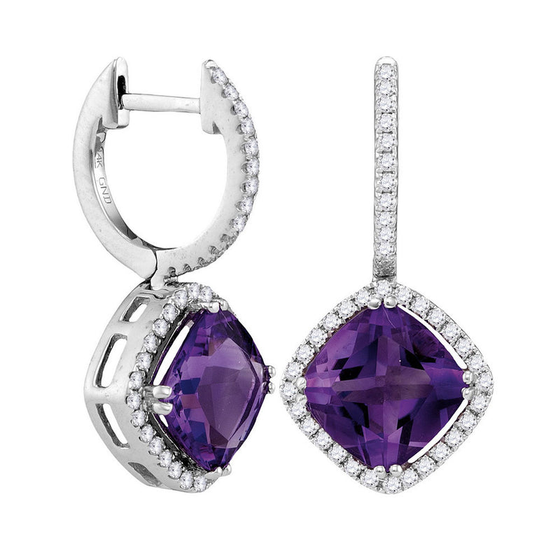 14kt White Gold Womens Cushion Natural Amethyst Diamond Dangle Earrings 4-1/3 Cttw