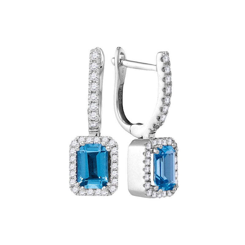 14kt White Gold Womens Cushion Blue Topaz Solitaire Diamond Hoop Dangle Earrings 1/3 Cttw