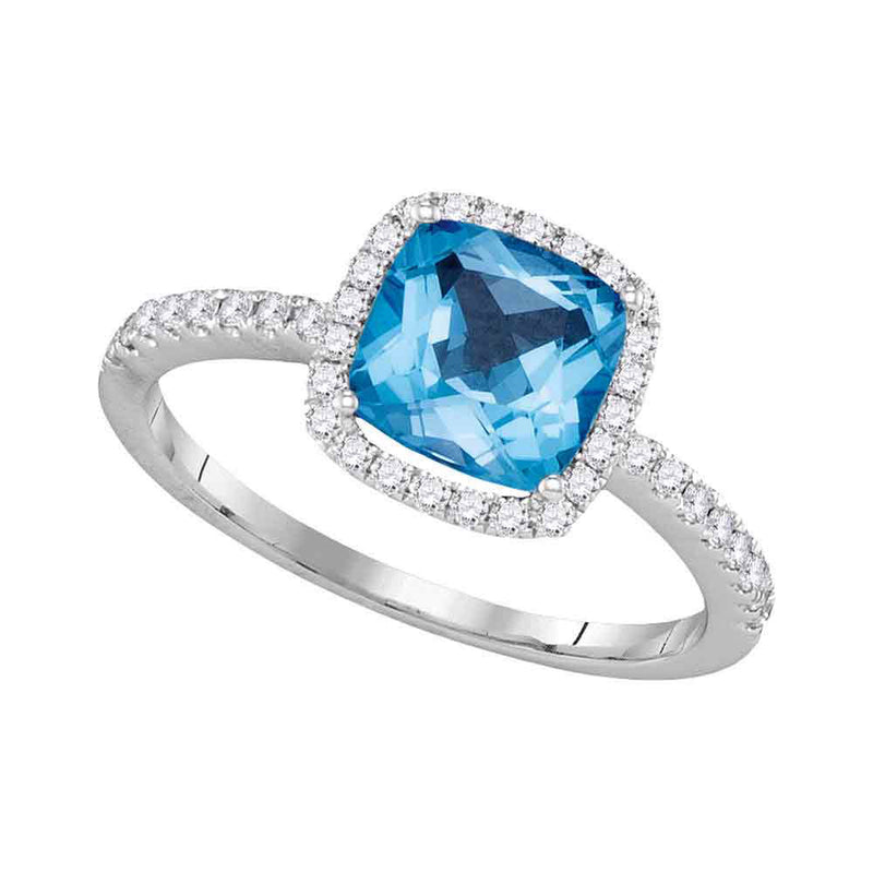 14kt White Gold Womens Cushion Blue Topaz Solitaire Diamond Halo Slender Ring 2 Cttw