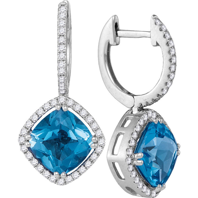 14kt White Gold Womens Cushion Natural Blue Topaz Diamond Dangle Earrings 5-1/2 Cttw