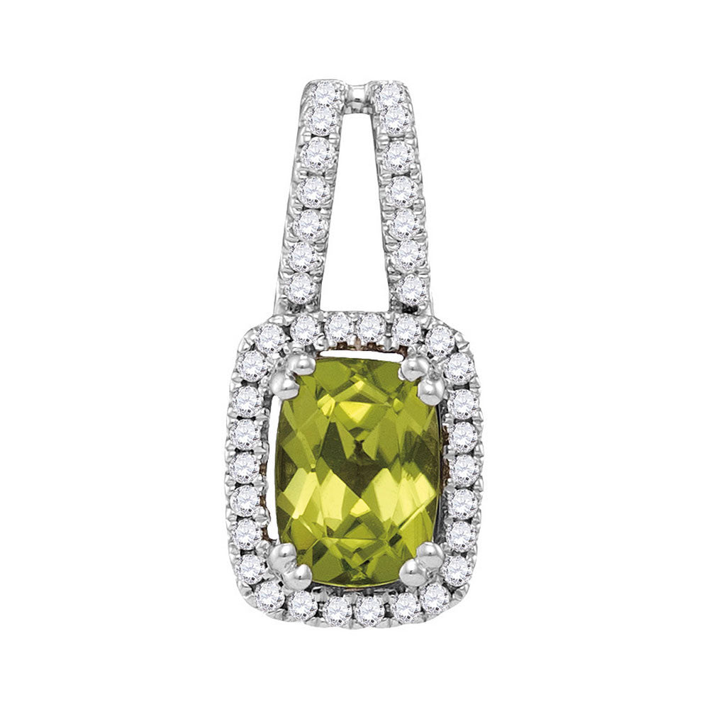 14kt White Gold Womens Cushion Peridot Solitaire Diamond Pendant 1/5 Cttw