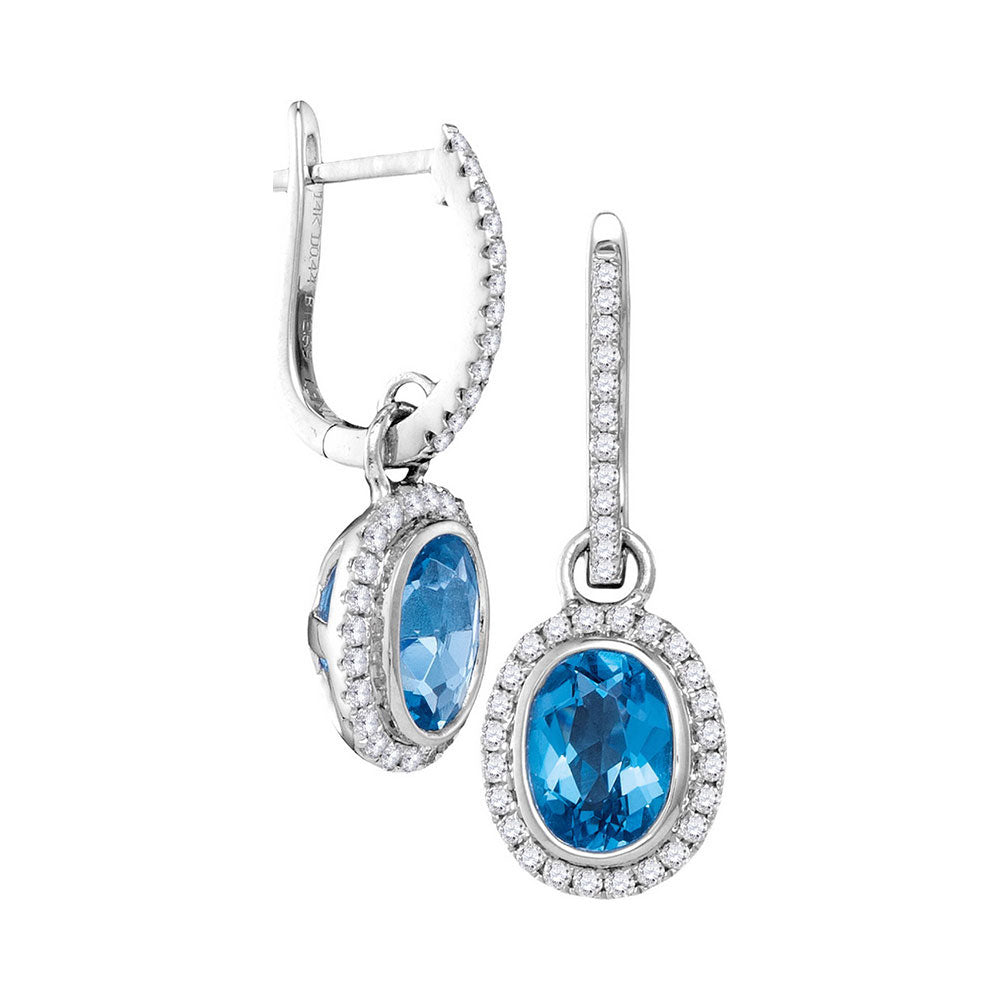 14kt White Gold Womens Round Natural Blue Topaz Diamond Oval Dangle Earrings 3 Cttw