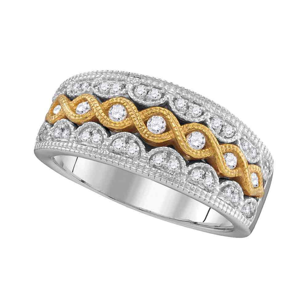 10kt Two-tone White Gold Womens Round Diamond Yellow Twist Fashion Band Ring 1/3 Cttw