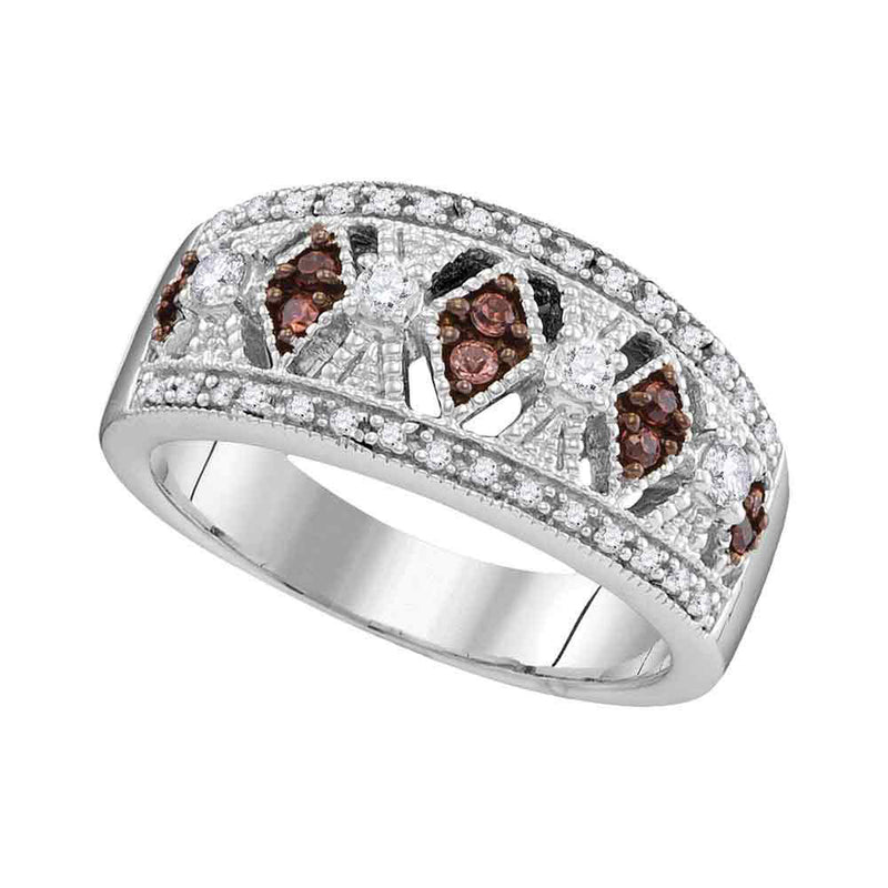 10kt White Gold Womens Round Brown Diamond Milgrain Symmetrical Band Ring 1/3 Cttw