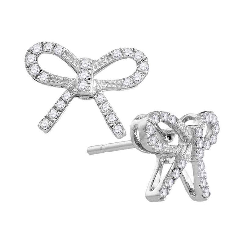 10kt White Gold Womens Round Diamond Ribbon Bow Fashion Earrings 1/5 Cttw