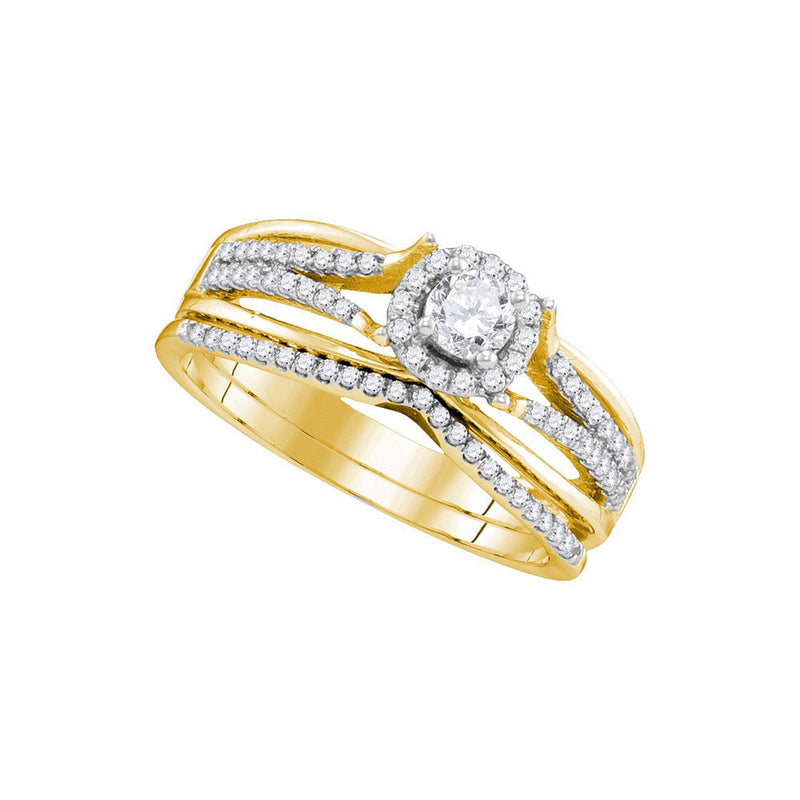 10k Yellow Gold Round Diamond Halo Bridal Wedding Ring Band Set 1/2 Cttw