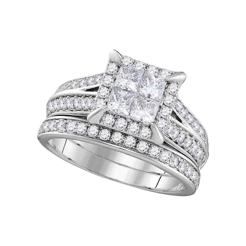 14kt White Gold Princess Diamond Bridal Wedding Ring Band Set 1-1/2 Cttw