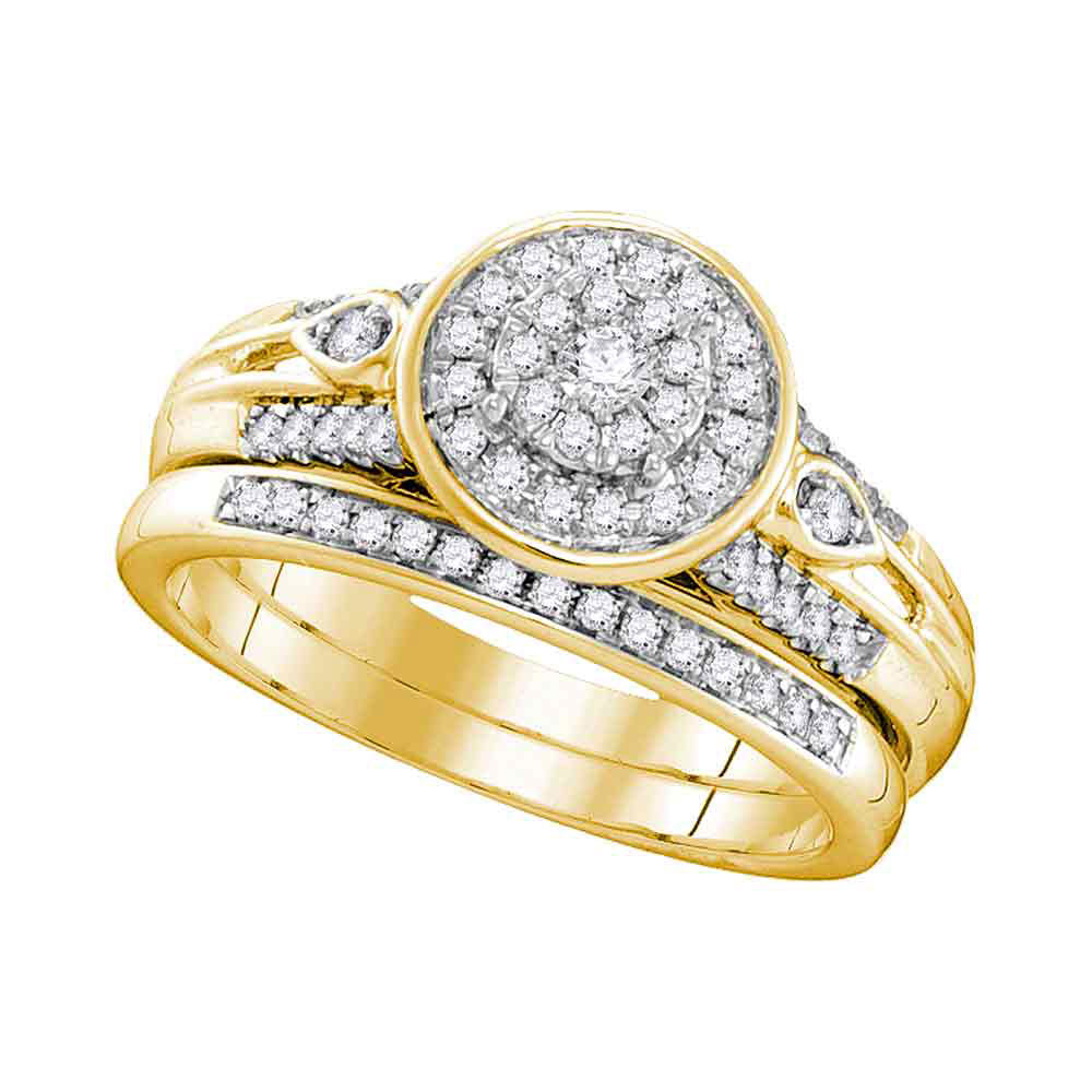 10k Yellow Gold Round Diamond Halo Bridal Wedding Ring Band Set 3/8 Cttw