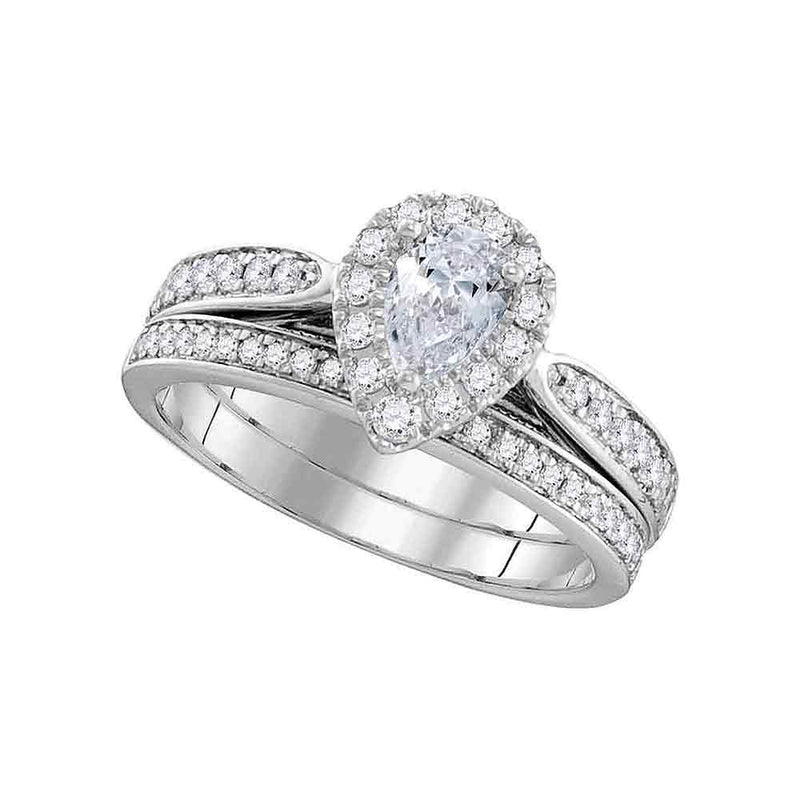 14kt White Gold Pear Diamond Bridal Wedding Ring Band Set 1 Cttw