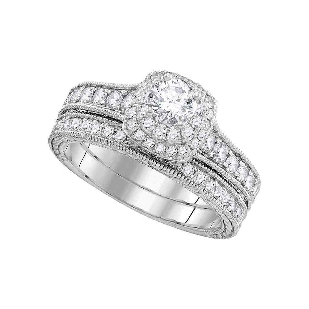 14kt White Gold Round Diamond Milgrain Bridal Wedding Ring Band Set 1 Cttw